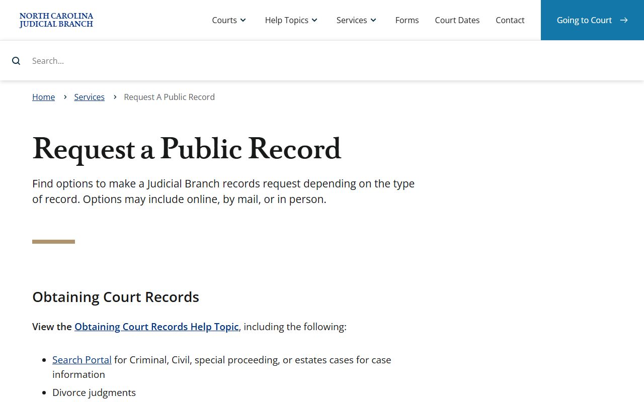 Davie County court records NC Judicial Branch public record request page