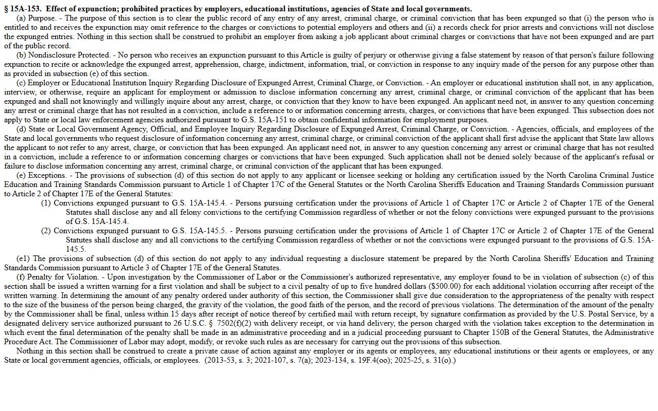 Davie County criminal court records North Carolina expunction disclosure statute