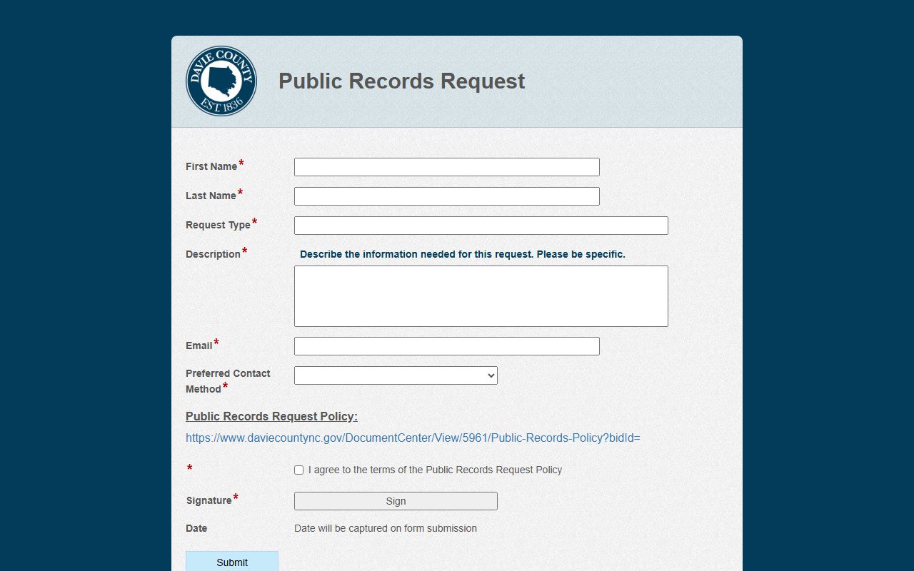 Davie County court records public records request form