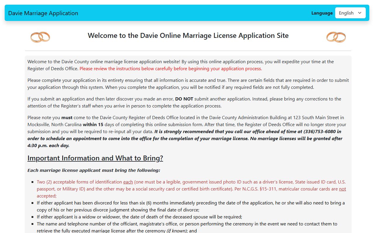 Davie County marriage records online application